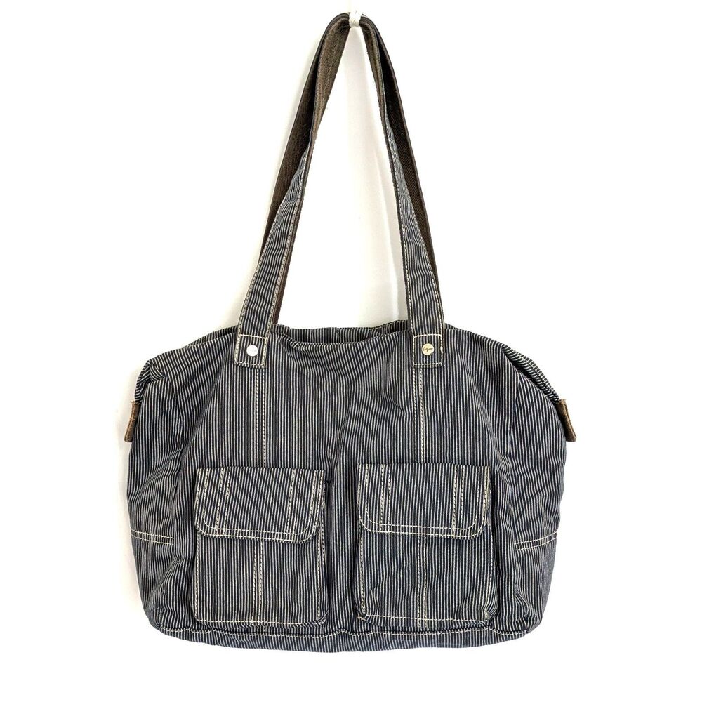 Thirty-One Casual Cargo Tote Bag Denim Striped Shoulder Purse Large Utility